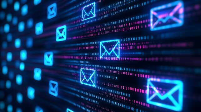 Digital Email Communication Concept with Binary Code and Neon Icons for Modern Technology Background