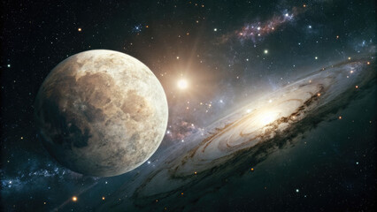 A glowing planetary disk floating in deep space, surrounded by cosmic nebulae and distant stars, offering a serene and vast celestial background with room for text or design elements.