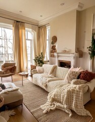  A cozy and inviting living space with a creamy white boucle sofa, a warm fireplace, and soft