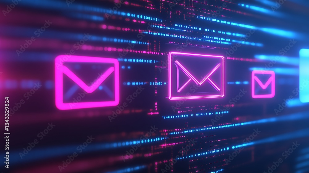 Poster digital email communication symbols in neon colors with abstract data streams background