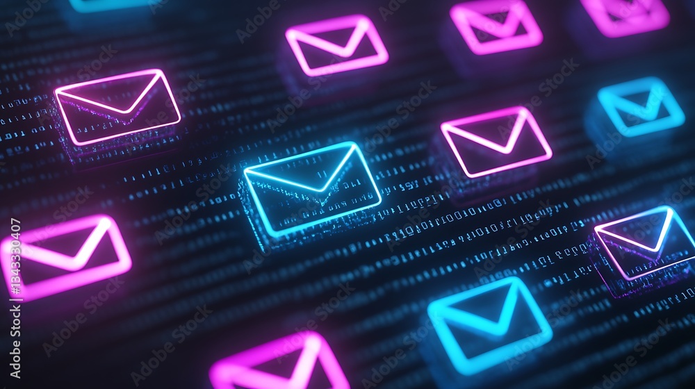 Poster digital email icons illuminated in neon blue and pink on a dark background with binary code elements