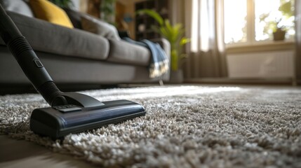 A vacuum cleaner cleaning a shaggy carpet in a contemporary, bright, and cozy living room