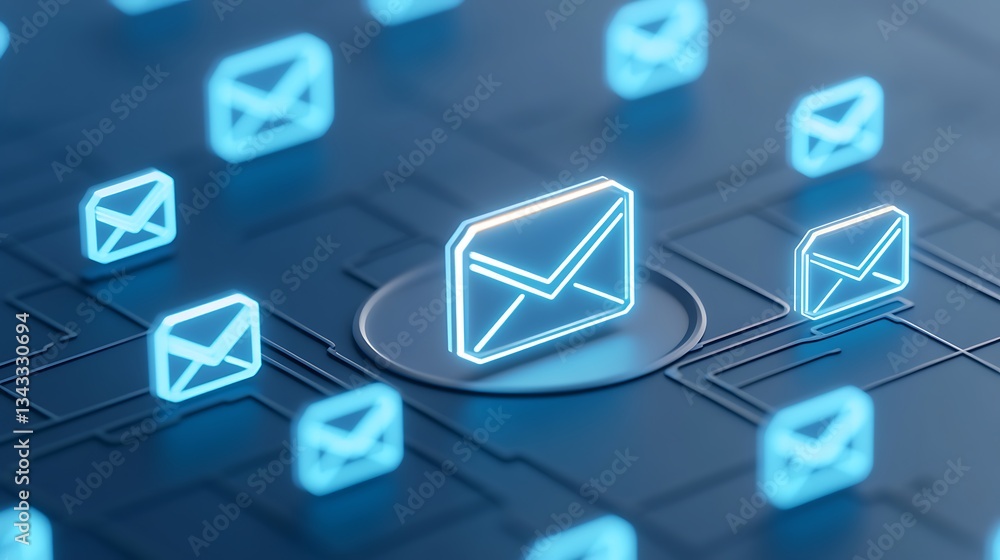Poster digital email icons surrounded by neon elements on futuristic circuit board background