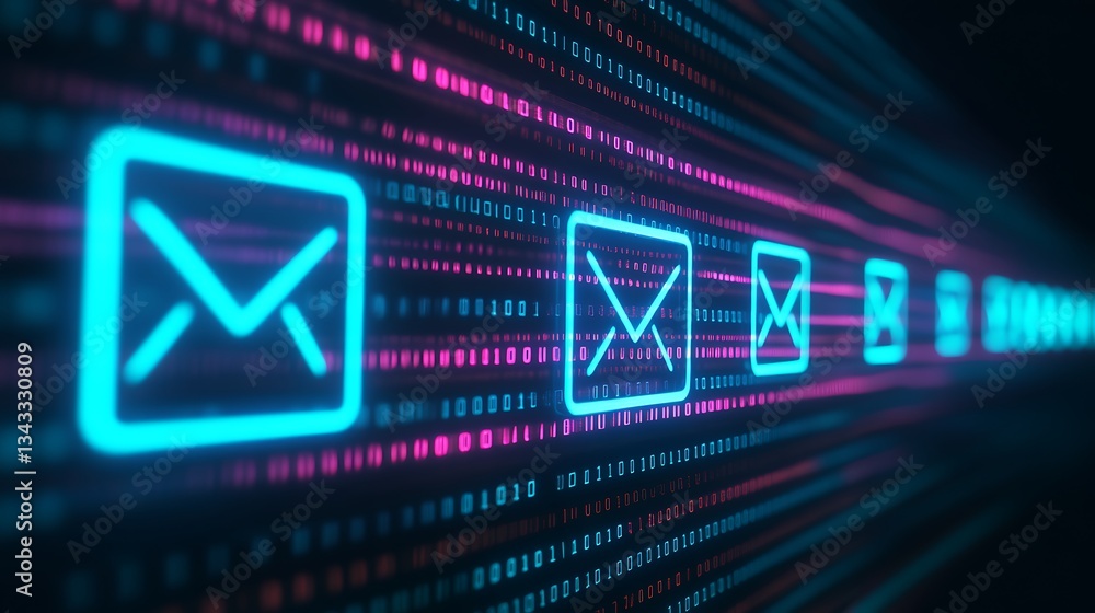 Poster digital email icons with binary code background in neon colors for modern communication concepts