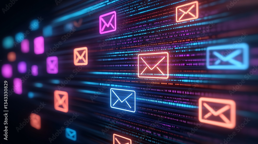 Poster digital email notification concept with neon icons and colorful data flow