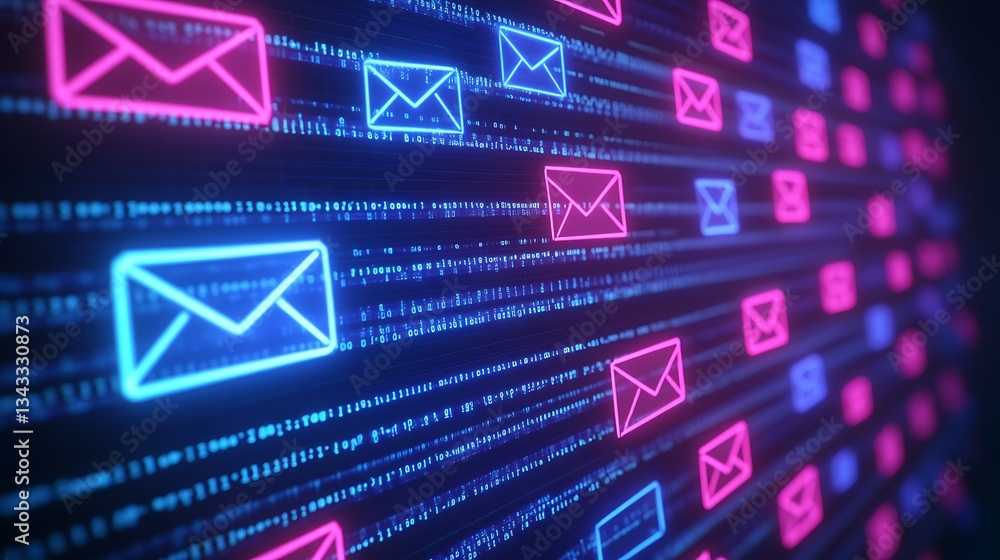 Aufkleber digital email notification design with neon colors and binary code background in vibrant blue and pi