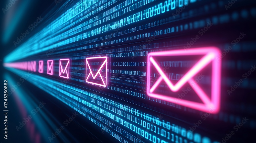 Poster digital email symbols with glowing binary code background for technology and communication themes
