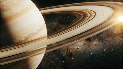 A glowing planetary disk floating in deep space, surrounded by cosmic nebulae and distant stars, offering a serene and vast celestial background with room for text or design elements.