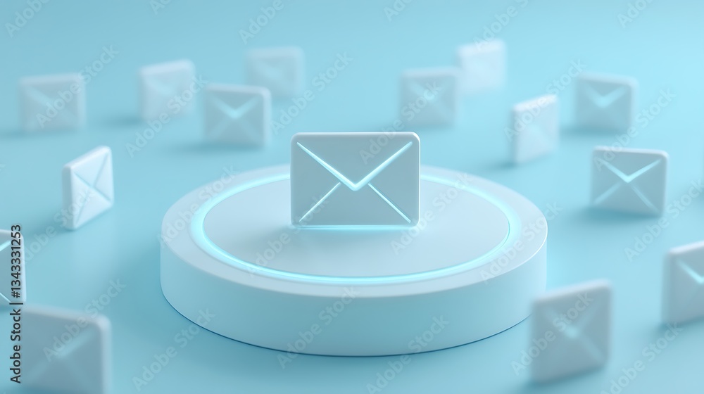 Poster digital mail icon surrounded by envelopes on a soft blue background representing communication and t