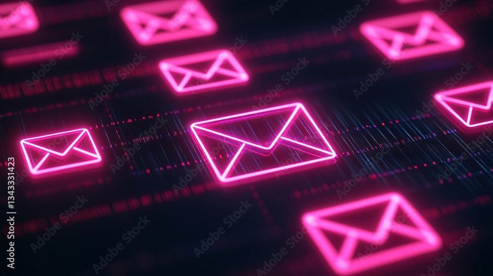 Poster digital neon email icon pattern on dark background with glowing effects and futuristic technology el