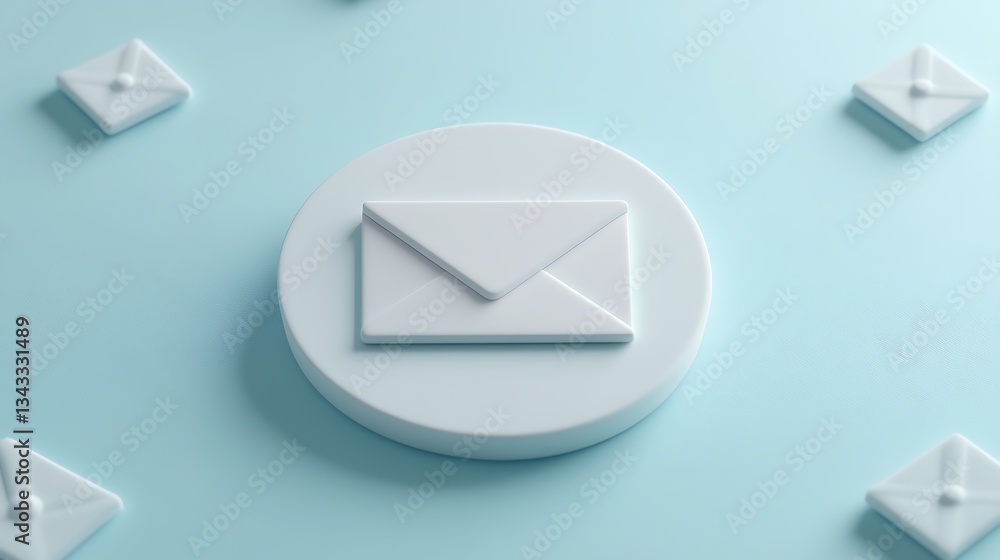 Poster elegant minimalist email icon with floating envelopes in soft pastel blue background for digital com