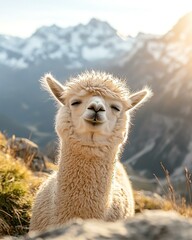 Obraz premium Happy alpaca enjoying a sunny mountain day.