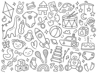 Black and white doodle illustration with baby toys and childhood elements. Vector illustrations on a white background. Perfect for kids products, coloring pages, and nursery designs.