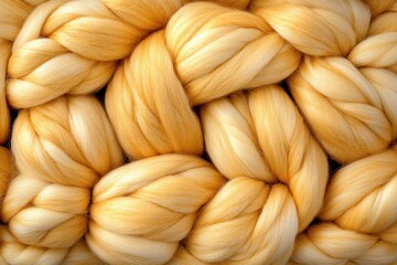 Close-up of a braided, golden-hued textile fiber. Soft, fluffy texture. Luxurious and warm appearance.