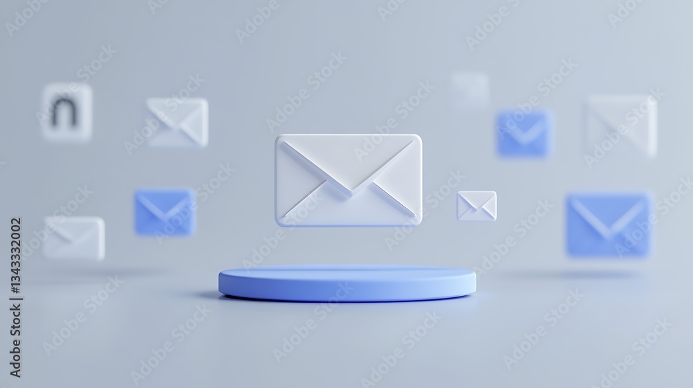 Poster floating email icons in a minimalist design on a soft blue background for digital communication conc