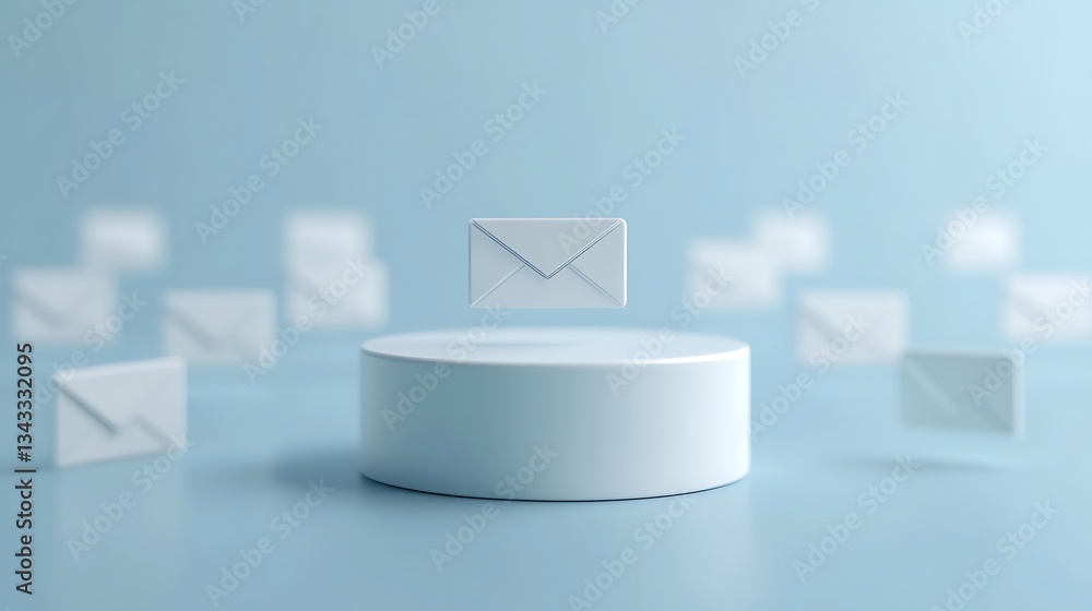 Aufkleber floating envelope icons around minimalist white display pod with soft blue background for communicat