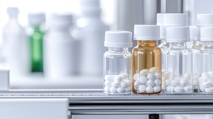 Medication Bottles with White Pills on a Production Line