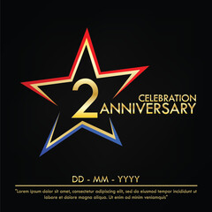 Obraz premium 2nd years anniversary celebration emblem. elegance golden anniversary logo with red and blue star shape. vector illustration template design for web, leaflet, flyer, greeting card 