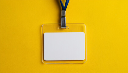 Blank office badge, empty name tag on bright yellow backdrop. Mock-up. Flat lay.