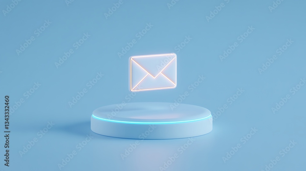 Poster floating neon envelope icon on blue display platform for digital communication and notification conc