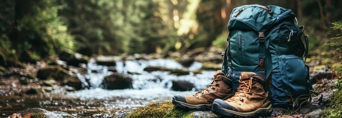 Hiking boots and backpack by a stream.