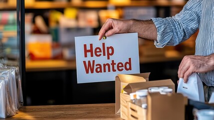Hands Holding Help Wanted Sign in Modern Retail Environment