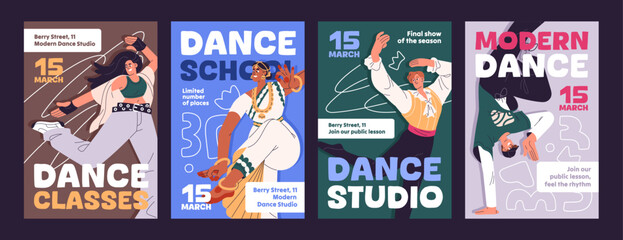 Set of advertising posters designs of dance studio. Promotion templates of dancers' performance. Layout of event promo of modern breakdancing school, classic ballet classes. Flat vector illustrations