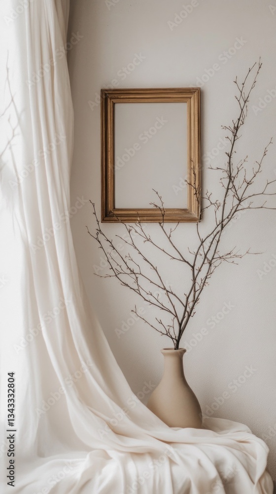 Poster a stylish arrangement features a muted vase holding delicate branches, embraced by flowing curtains.