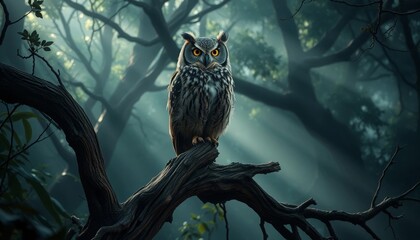 A Majestic Owl Perched on a Weathered Branch in a Mysterious Forest, Bathed in the Soft Light of Dawn