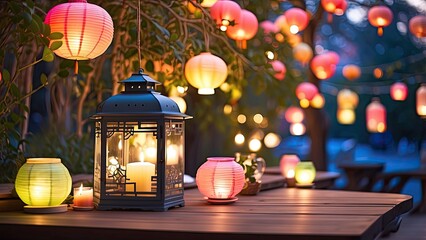 A cozy outdoor dining area illuminated by colorful paper lanterns in shades of orange,