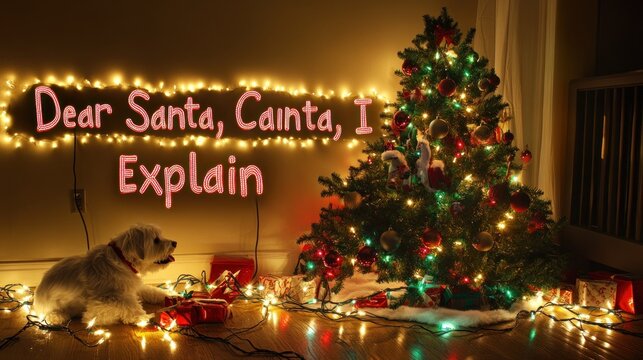 Puppy looks at Christmas tree and lights with "Dear Santa, Cainta, I Explain" sign.