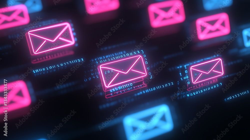 Aufkleber futuristic concept of email communication with neon icons and digital data background in blue and pi