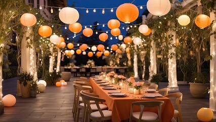 A cozy outdoor dining area illuminated by colorful paper lanterns in shades of orange,