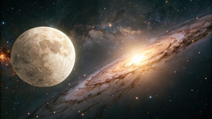 A glowing planetary disk floating in deep space, surrounded by cosmic nebulae and distant stars, offering a serene and vast celestial background with room for text or design elements.