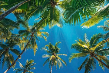 Fototapeta premium Tropical Leaves Overhead on Bright Blue Background for Adventure Travel Inspiration