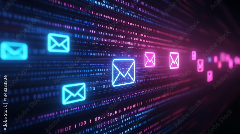 Aufkleber Futuristic Data Stream with Colorful Email Icons Surrounded by Binary Code in a Digital Environment