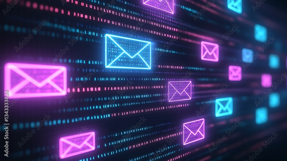 Poster futuristic digital background with neon email icons and binary code in blue and pink colors