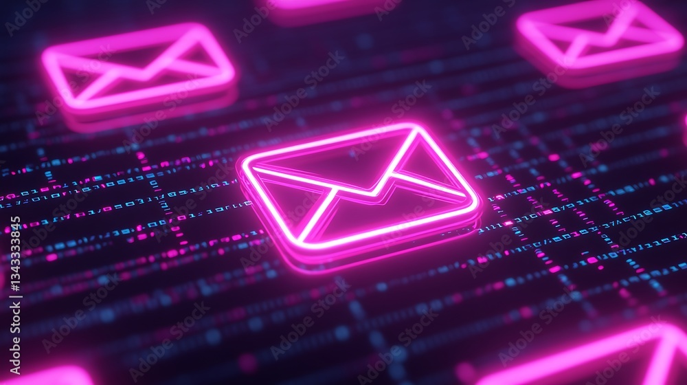 Poster futuristic digital background with neon email icons and binary code in vibrant pink and blue colors