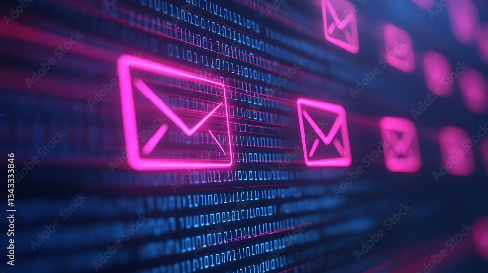 Poster futuristic concept of digital communication with email icons and binary code background in neon colo