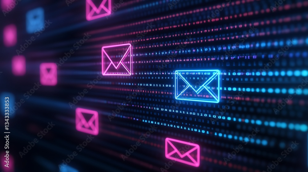 Poster futuristic digital background with neon email icons and binary code in vibrant blue and pink colors