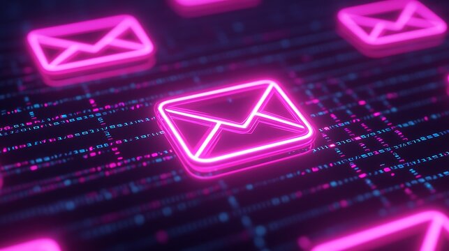 Futuristic Digital Background with Neon Email Icons and Binary Code in Vibrant Pink and Blue Colors