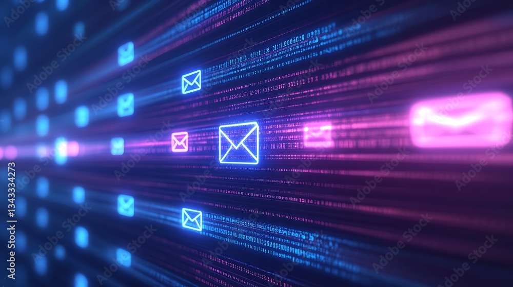 Poster futuristic digital concept of email communication with glowing icons and data flow in vibrant colors