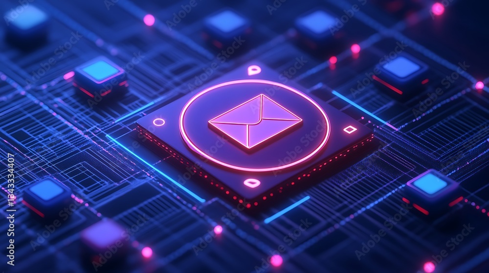 Poster futuristic digital email icon surrounded by circuit board elements and neon lights in dark backgroun
