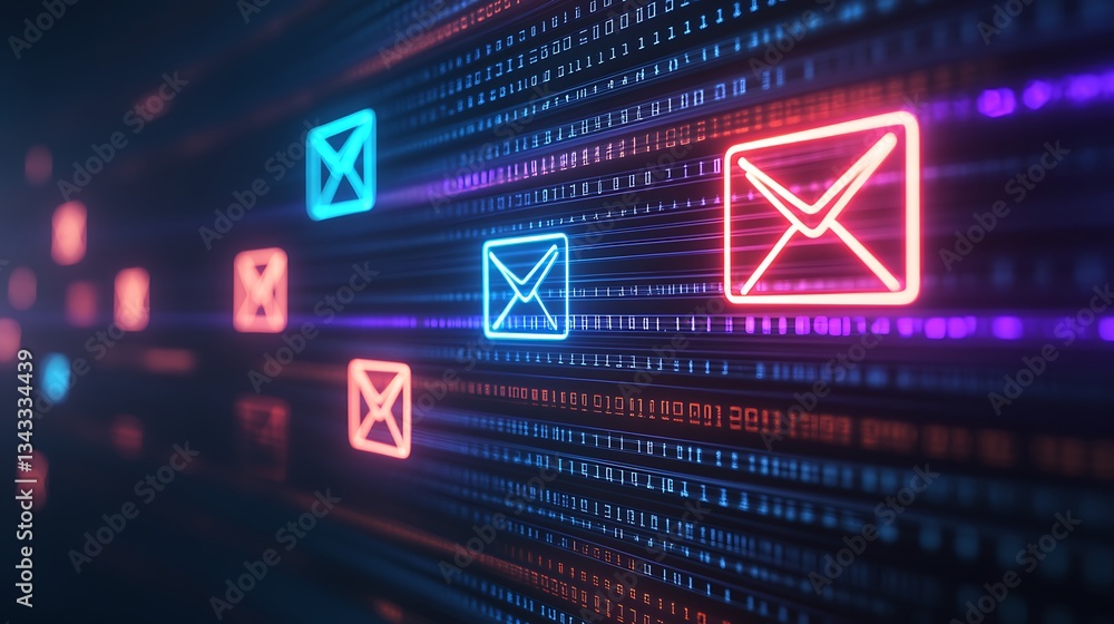 Poster futuristic digital mail concept with neon email icons on binary background for technology and commun