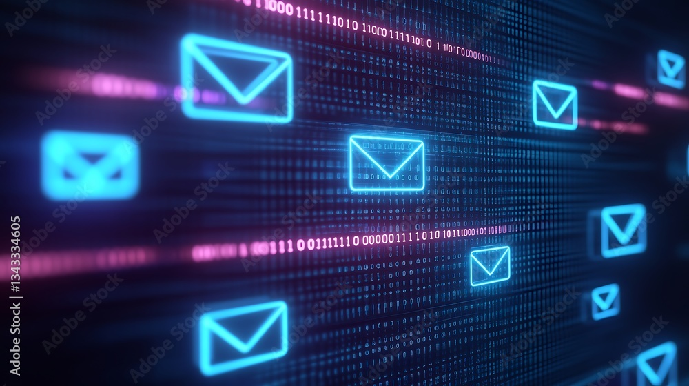 Poster futuristic digital network with neon email icons and binary code on dark background