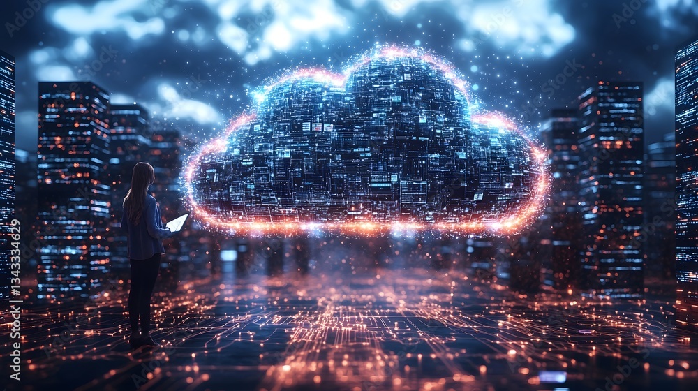 Poster futuristic cloud computing and data flow in a glowing cityscape