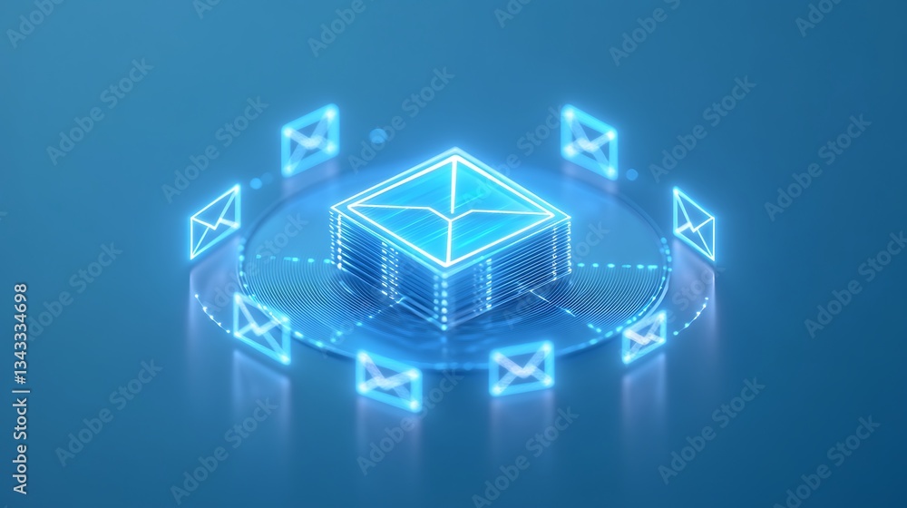 Poster futuristic digital mail stack with glowing envelopes representing communication and data exchange in