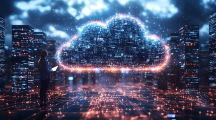 Futuristic cloud computing and data flow in a glowing cityscape
