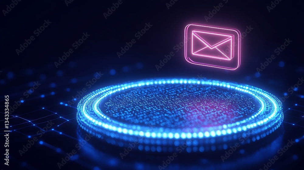 Aufkleber futuristic email icon on abstract digital circular platform with glowing elements in dark background