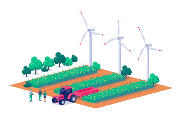 Modern farmland using renewable wind turbines production system. Crops, corn, grains, potatoes and vegetables producing together with electricity. Effective sustainable farming. Vector illustration.